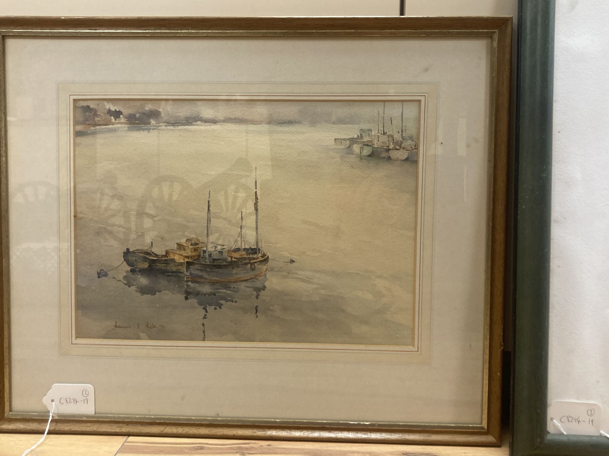 Francis S. Leke, watercolour, Fishing boats at anchor, signed and dated 72, 25 x 36cm, and a linocut by K. Ndzube